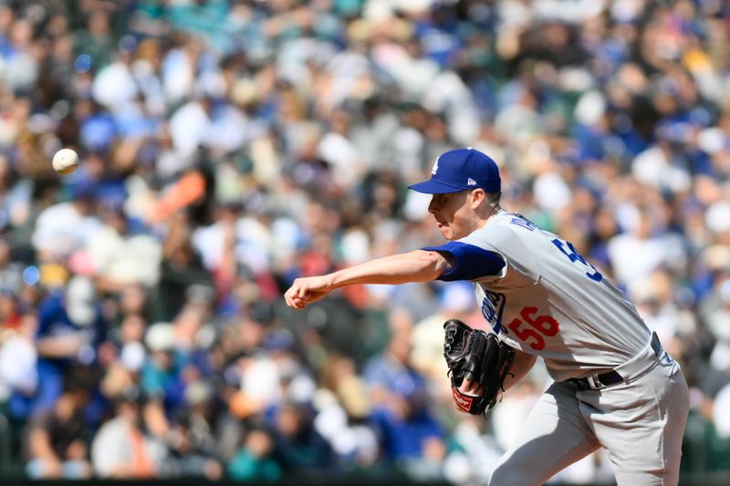 Sep 17, 2023; Seattle, Washington, USA; Los Angeles Dodgers relief pitcher Ryan Yarbrough (56) pitches to the Seattle Mariners during the second inning at T-Mobile Park. Mandatory Credit: Steven Bisig-USA TODAY Sports