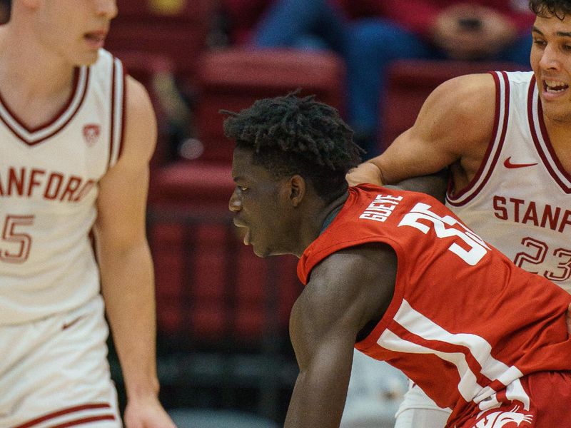 Feb 23, 2023; Stanford, California, USA;  Washington State Cougars forward Mouhamed Gueye (35) drives to the net against Stanford Cardinal guard Michael O'Connell (5) during the first half at Maples Pavilion. Mandatory Credit: Neville E. Guard-USA TODAY Sports