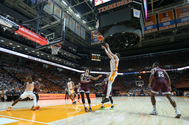 Feb 24, 2024; Knoxville, Tennessee, USA; Tennessee Volunteers guard Dalton Knecht (3) shoots the ball against the Texas A&M Aggies during the second half at Thompson-Boling Arena at Food City Center. Mandatory Credit: Randy Sartin-USA TODAY Sports