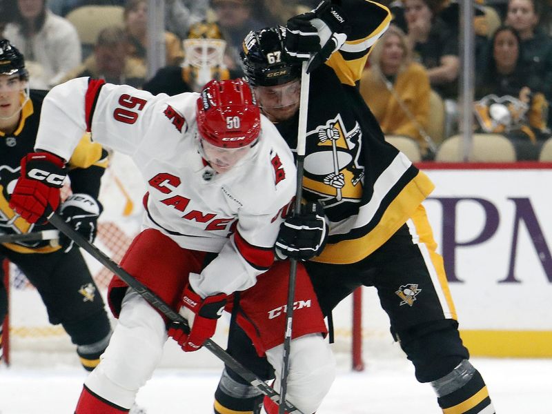 Oct 18, 2024; Pittsburgh, Pennsylvania, USA;  Carolina Hurricanes left wing Eric Robinson (50) and Pittsburgh Penguins right wing Rickard Rakell (67) battle for the puck during the first period at PPG Paints Arena. Mandatory Credit: Charles LeClaire-Imagn Images