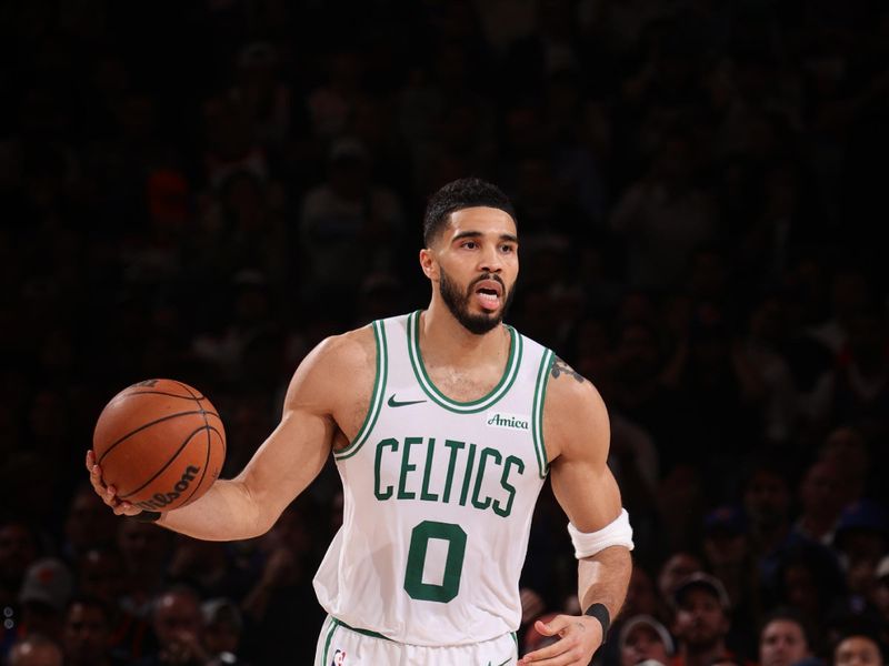 NEW YORK, NY - MAY 12: Jayson Tatum #0 of the Boston Celtics dribbles the ball during the game against the New York Knicks during Round 2 Game 4 of the 2025 NBA Playoffs on May 12, 2025 at Madison Square Garden in New York City, New York.  NOTE TO USER: User expressly acknowledges and agrees that, by downloading and or using this photograph, User is consenting to the terms and conditions of the Getty Images License Agreement. Mandatory Copyright Notice: Copyright 2025 NBAE  (Photo by Nathaniel S. Butler/NBAE via Getty Images)