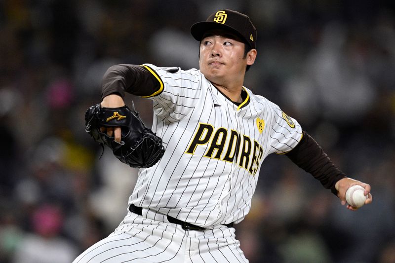 May 13, 2024; San Diego, California, USA; San Diego Padres relief pitcher Yuki Matsui (1) throws a pitch against the Colorado Rockies during the ninth inning at Petco Park. Mandatory Credit: Orlando Ramirez-USA TODAY Sports