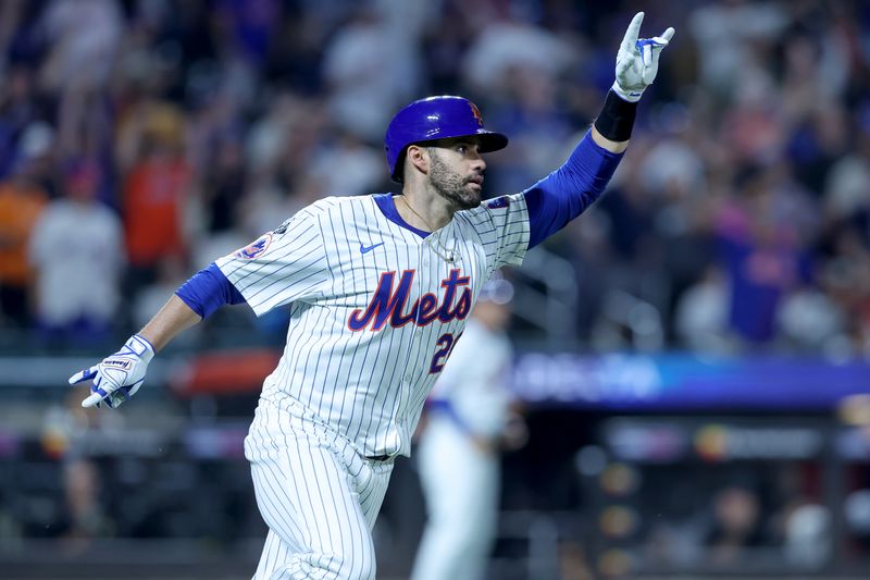 Jun 13, 2024; New York City, New York, USA; New York Mets designated hitter J.D. Martinez (28) reacts after hitting a ninth inning walkoff two run home run against the Miami Marlins at Citi Field. Mandatory Credit: Brad Penner-USA TODAY Sports