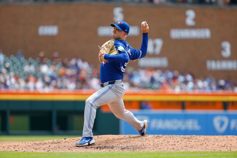 May 26, 2024; Detroit, Michigan, USA; Toronto Blue Jays pitcher Trevor Richards (33) pitches during the fourth inning  of the game against the Detroit Tigers at Comerica Park. Mandatory Credit: Brian Bradshaw Sevald-USA TODAY Sports