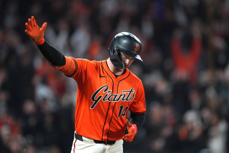 Apr 26, 2024; San Francisco, California, USA; San Francisco Giants catcher Patrick Bailey (14) reacts while rounding the bases after hitting a walk-off home run against the Pittsburgh Pirates during the ninth inning at Oracle Park. Mandatory Credit: Darren Yamashita-USA TODAY Sports