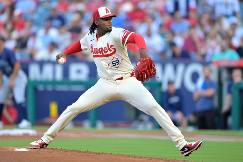 Jul 13, 2024; Anaheim, California, USA;  Jose Soriano #59 of the Los Angeles Angels delivers to the plate in the first inning against the Seattle Mariners at Angel Stadium. Mandatory Credit: Jayne Kamin-Oncea-USA TODAY Sports