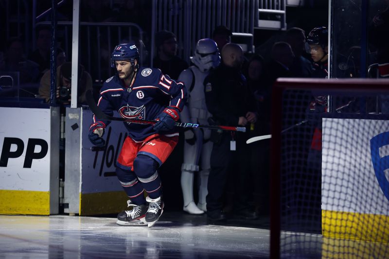 Jan 25, 2025; Columbus, Ohio, USA;  Columbus Blue Jackets right wing Justin Danforth (17) takes the ice before the game against the Los Angeles Kings at Nationwide Arena. Mandatory Credit: Joseph Maiorana-Imagn Images