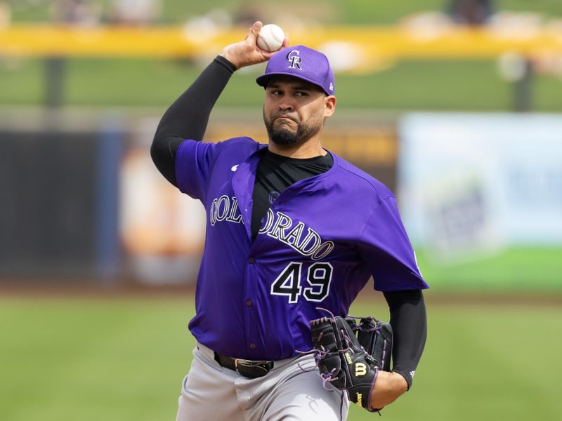 Mar 5, 2025; Peoria, Arizona, USA; Colorado Rockies pitcher Antonio Senzatela against the San Diego Padres during a spring training game at Peoria Sports Complex. Mandatory Credit: Mark J. Rebilas-Imagn Images