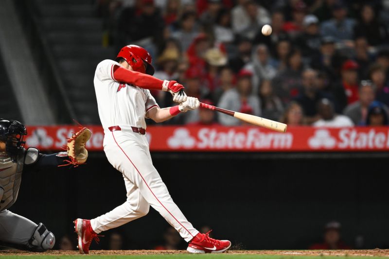 May 25, 2024; Anaheim, California, USA; Los Angeles Angels outfielder Mickey Moniak (16) flies out against the Cleveland Guardians during the sixth inning at Angel Stadium. Mandatory Credit: Jonathan Hui-USA TODAY Sports