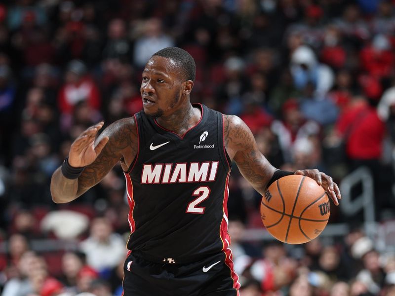 CHICAGO, IL - FEBRUARY 4:  Terry Rozier #2 of the Miami Heat dribbles the ball during the game against the Chicago Bulls on February 4 2025 at United Center in Chicago, Illinois. NOTE TO USER: User expressly acknowledges and agrees that, by downloading and or using this photograph, User is consenting to the terms and conditions of the Getty Images License Agreement. Mandatory Copyright Notice: Copyright 2025 NBAE (Photo by Jeff Haynes/NBAE via Getty Images)