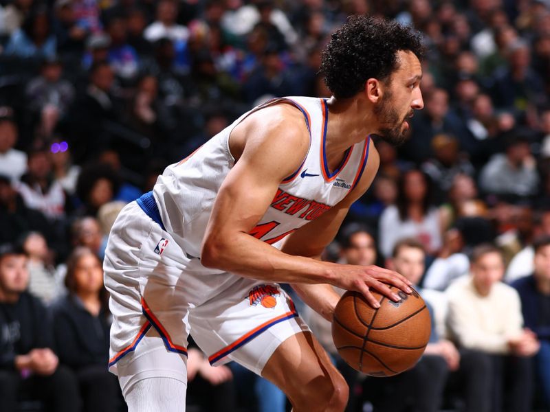 BROOKLYN, NY - APRIL 13:  Landry Shamet #44 of the New York Knicks dribbles the ball during the game against the Brooklyn Nets  on April 13, 2025 at Barclays Center in Brooklyn, New York. NOTE TO USER: User expressly acknowledges and agrees that, by downloading and or using this Photograph, user is consenting to the terms and conditions of the Getty Images License Agreement. Mandatory Copyright Notice: Copyright 2025 NBAE (Photo by  David L. Nemec/NBAE via Getty Images)