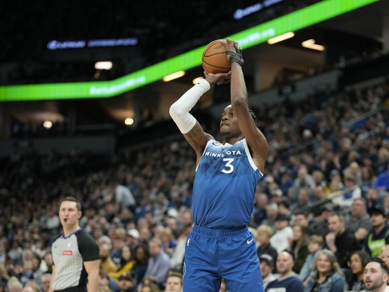 MINNEAPOLIS, MN -  FEBRUARY 28:  Jaden McDaniels #3 of the Minnesota Timberwolves shoots a three point basket during the game against the Memphis Grizzlies on February 28, 2024 at Target Center in Minneapolis, Minnesota. NOTE TO USER: User expressly acknowledges and agrees that, by downloading and or using this Photograph, user is consenting to the terms and conditions of the Getty Images License Agreement. Mandatory Copyright Notice: Copyright 2024 NBAE (Photo by Jordan Johnson/NBAE via Getty Images)