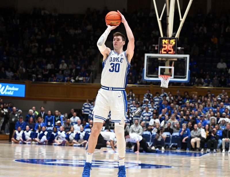 Dec 12, 2023; Durham, North Carolina, USA; Duke Blue Devils center Kyle Filipowski (30) shoots during the second half against the Hofstra Bison at Cameron Indoor Stadium.  The Blue Devils won 89-68. Mandatory Credit: Rob Kinnan-USA TODAY Sports