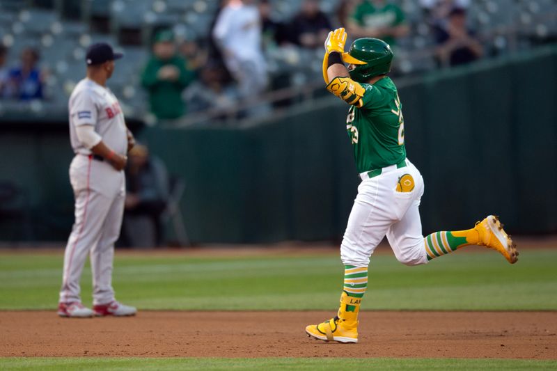 Apr 2, 2024; Oakland, California, USA; Oakland Athletics catcher Shea Langeliers (23) runs out his two-run home run against the Boston Red Sox during the second inning at Oakland-Alameda County Coliseum. Mandatory Credit: D. Ross Cameron-USA TODAY Sports