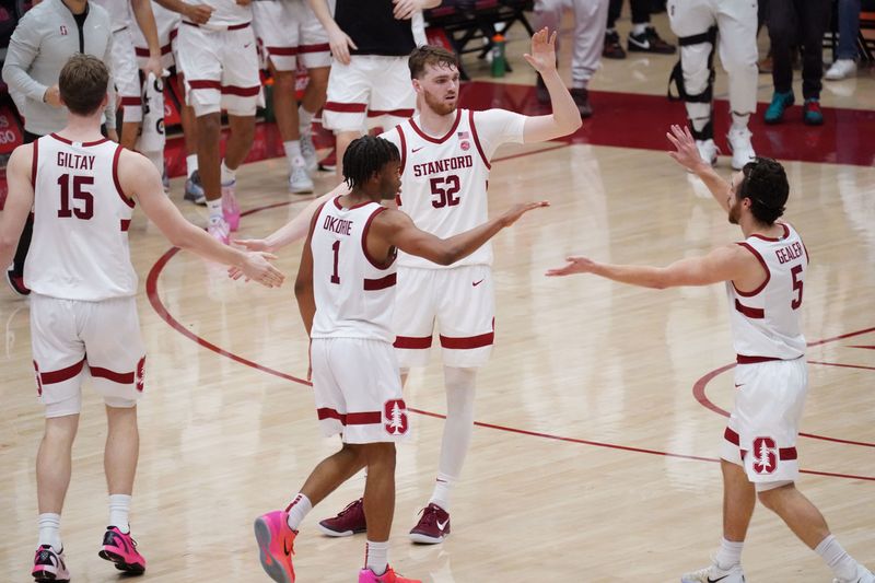 Feb 25, 2026; Stanford, California, USA;  Stanford Cardinal forward/center Aidan Cammann (52) congratulates forward/center Oskar Giltay (15), guard Ebuka Okorie (1), and guard Benny Gealer (5) during a game against the Pittsburgh Panthers in the first half at Maples Pavilion. Mandatory Credit: David Gonzales-Imagn Images