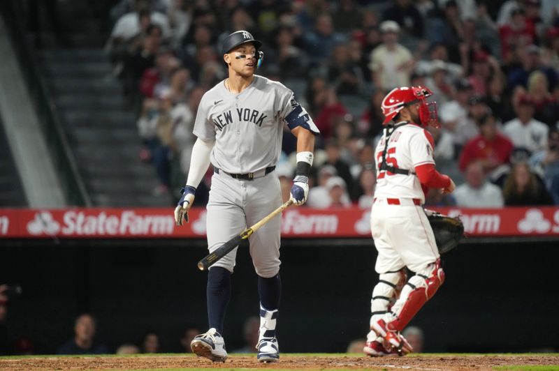 May 28, 2025; Anaheim, California, USA; New York Yankees designated hitter Aaron Judge (99) reacts after striking out in the seventh inning against the Los Angeles Angels at Angel Stadium. Mandatory Credit: Kirby Lee-Imagn Images