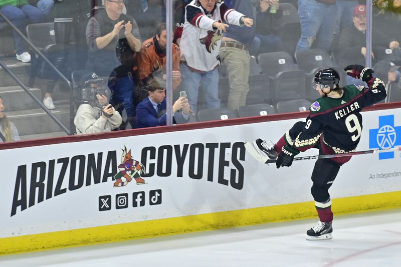 Feb 8, 2024; Tempe, Arizona, USA; Arizona Coyotes right wing Clayton Keller (9) celebrates after scoring a goal in the third period against the Vegas Golden Knights at Mullett Arena. Mandatory Credit: Matt Kartozian-USA TODAY Sports