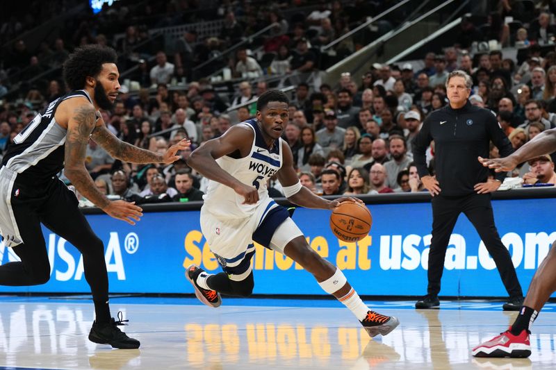 SAN ANTONIO, TX - NOVEMBER 2: Anthony Edwards #5 of the Minnesota Timberwolves drives to the basket during the game against the San Antonio Spurs on November 2, 2024 at the Frost Bank Center in San Antonio, Texas. NOTE TO USER: User expressly acknowledges and agrees that, by downloading and or using this photograph, user is consenting to the terms and conditions of the Getty Images License Agreement. Mandatory Copyright Notice: Copyright 2024 NBAE (Photos by Cooper Neill/NBAE via Getty Images)