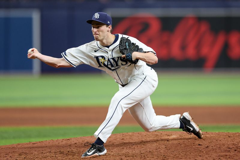 Sep 5, 2024; St. Petersburg, Florida, USA; Tampa Bay Rays pitcher Kevin Kelly (49) throws a pitch against the Minnesota Twins in the ninth inning at Tropicana Field. Mandatory Credit: Nathan Ray Seebeck-Imagn Images