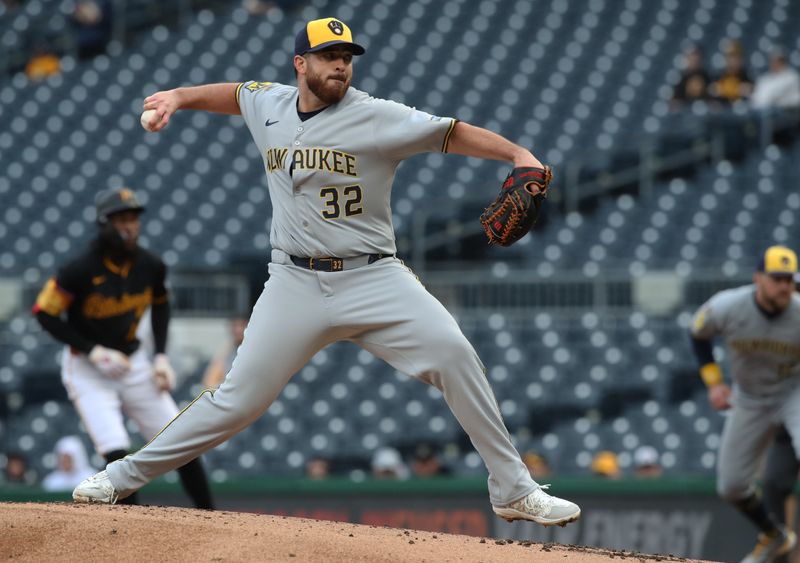 May 22, 2025; Pittsburgh, Pennsylvania, USA;  Milwaukee Brewers starting pitcher Aaron Civale (32) delivers a pitch against the Pittsburgh Pirates during the first inning at PNC Park. Mandatory Credit: Charles LeClaire-Imagn Images