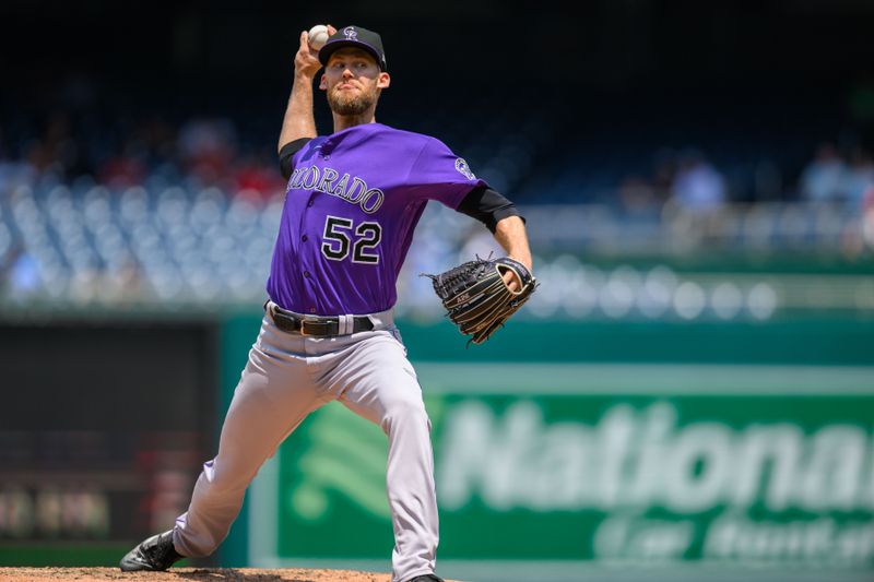 Jul 26, 2023; Washington, District of Columbia, USA; Colorado Rockies relief pitcher Daniel Bard (52) throws a pitch during the ninth inning against the Washington Nationals at Nationals Park. Mandatory Credit: Reggie Hildred-USA TODAY Sports