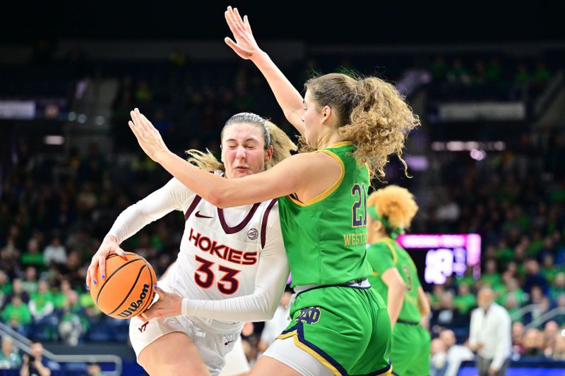 Feb 29, 2024; South Bend, Indiana, USA; Virginia Tech Hokies center Elizabeth Kitley (33) runs into Notre Dame Fighting Irish forward Maddy Westbeld (21) in the first half at the Purcell Pavilion. Mandatory Credit: Matt Cashore-USA TODAY Sports