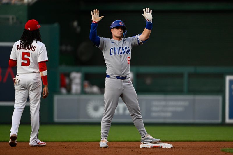 Jun 3, 2025; Washington, District of Columbia, USA; Chicago Cubs third baseman Matt Shaw (6) reacts after hitting a double against the Washington Nationals during the fifth inning at Nationals Park. Mandatory Credit: Brad Mills-Imagn Images