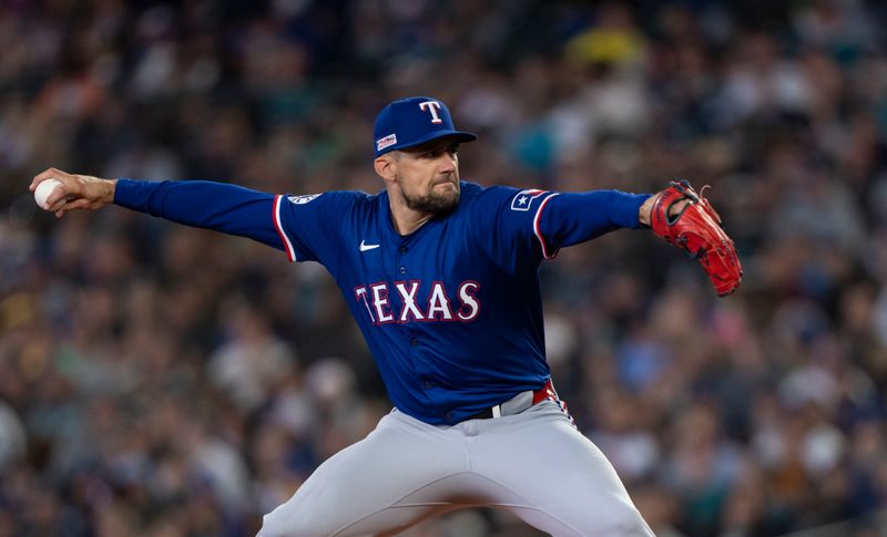 Jun 15, 2024; Seattle, Washington, USA; Texas Rangers starter Nathan Eovaldi (17) delivers a pitch during the second inning against the Seattle Mariners at T-Mobile Park. Mandatory Credit: Stephen Brashear-USA TODAY Sports