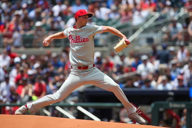 Jul 7, 2024; Atlanta, Georgia, USA; Philadelphia Phillies starting pitcher Michael Mercado (63) throws against the Atlanta Braves in the first inning at Truist Park. Mandatory Credit: Brett Davis-USA TODAY Sports