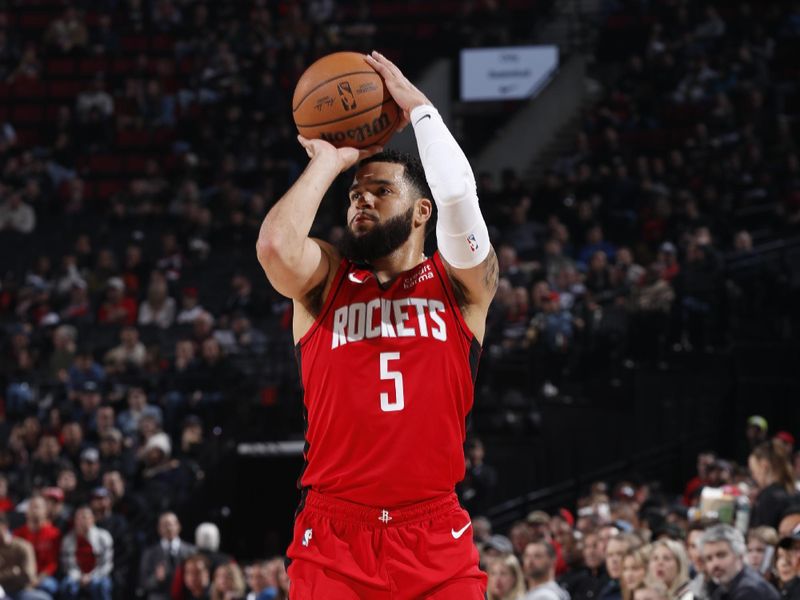 PORTLAND, OR - MARCH 8:  Fred VanVleet #5 of the Houston Rockets shoots a 3-point basket during the game  on March 8, 2024 at the Moda Center Arena in Portland, Oregon. NOTE TO USER: User expressly acknowledges and agrees that, by downloading and or using this photograph, user is consenting to the terms and conditions of the Getty Images License Agreement. Mandatory Copyright Notice: Copyright 2024 NBAE (Photo by Cameron Browne/NBAE via Getty Images)