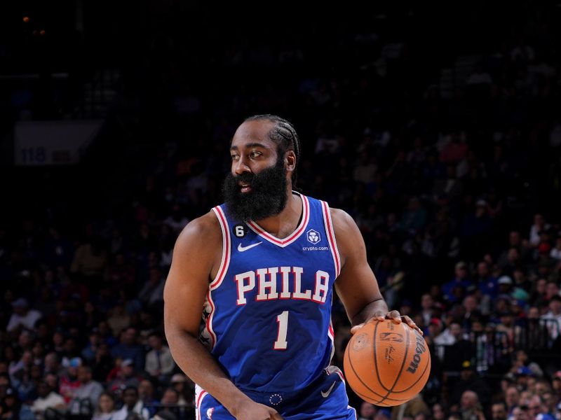 PHILADELPHIA, PA - MARCH 29: James Harden #1 of the Philadelphia 76ers dribbles the ball during the game against the Dallas Mavericks on March 29, 2023 at the Wells Fargo Center in Philadelphia, Pennsylvania NOTE TO USER: User expressly acknowledges and agrees that, by downloading and/or using this Photograph, user is consenting to the terms and conditions of the Getty Images License Agreement. Mandatory Copyright Notice: Copyright 2023 NBAE (Photo by Jesse D. Garrabrant/NBAE via Getty Images)