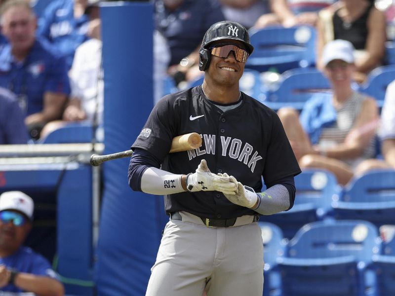 Mar 8, 2024; Dunedin, Florida, USA;  New York Yankees right fielder Juan Soto (22) looks on during an at bat against the Toronto Blue Jays in the third inning at TD Ballpark. Mandatory Credit: Nathan Ray Seebeck-USA TODAY Sports