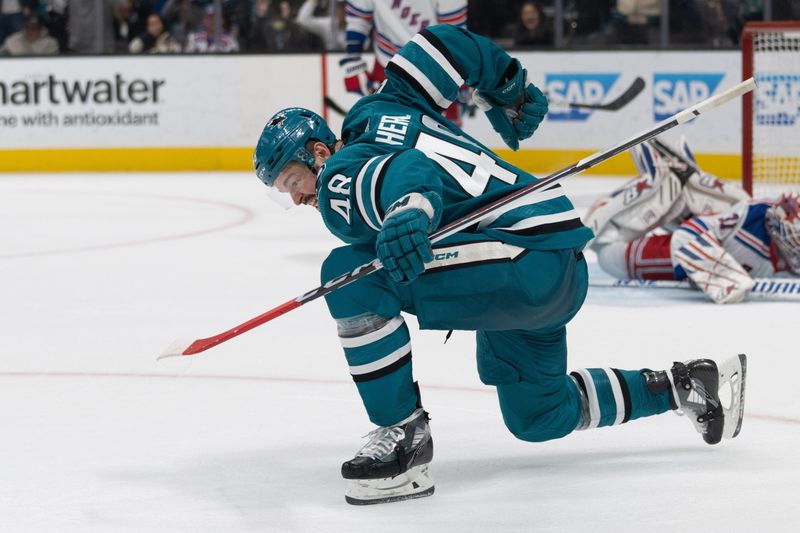 Jan 23, 2024; San Jose, California, USA; sSan Jose Sharks center Tomas Hertl (48) reacts after defeating the New York Rangers in overtime at SAP Center at San Jose. Mandatory Credit: Stan Szeto-USA TODAY Sports