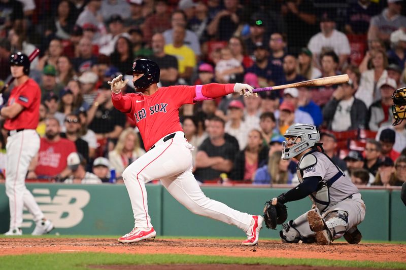 Jun 14, 2024; Boston, Massachusetts, USA; Boston Red Sox second baseman Jamie Westbrook (73) hits a single against the New York Yankees during the eighth inning at Fenway Park. Mandatory Credit: Eric Canha-USA TODAY Sports