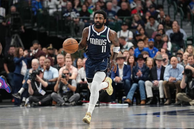 DALLAS, TX - NOVEMBER 8: Kyrie Irving #11 of the Dallas Mavericks dribbles the ball during the game against the Phoenix Suns on November 6, 2024 at the American Airlines Center in Dallas, Texas. NOTE TO USER: User expressly acknowledges and agrees that, by downloading and or using this photograph, User is consenting to the terms and conditions of the Getty Images License Agreement. Mandatory Copyright Notice: Copyright 2024 NBAE (Photo by Glenn James/NBAE via Getty Images)