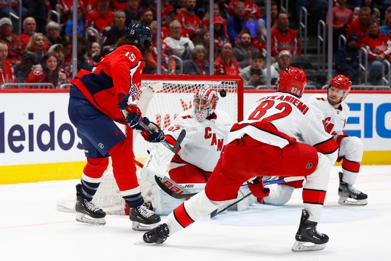 Mar 22, 2024; Washington, District of Columbia, USA; Washington Capitals left wing Sonny Milano (15) scores a goal past Carolina Hurricanes goaltender Pyotr Kochetkov (52) during the first period at Capital One Arena. Mandatory Credit: Amber Searls-USA TODAY Sports