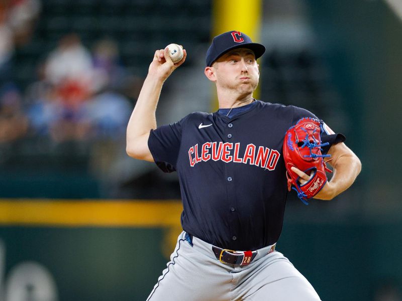 May 13, 2024; Arlington, Texas, USA; Cleveland Guardians pitcher Tanner Bibee (28) throws during the first inning against the Texas Rangers at Globe Life Field. Mandatory Credit: Andrew Dieb-USA TODAY Sports