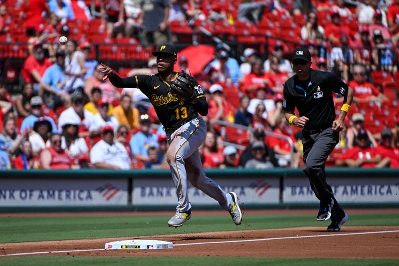 Sep 3, 2023; St. Louis, Missouri, USA;  Pittsburgh Pirates third baseman Ke'Bryan Hayes (13) throws on the run against the St. Louis Cardinals during the first inning at Busch Stadium. Mandatory Credit: Jeff Curry-USA TODAY Sports