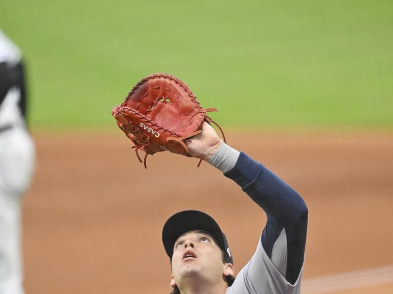 Jun 8, 2023; Cleveland, Ohio, USA; Boston Red Sox first baseman Triston Casas (36) catches a foul pop up in the first inning against the Cleveland Guardians at Progressive Field. Mandatory Credit: David Richard-USA TODAY Sports