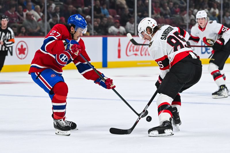 Oct 1, 2024; Montreal, Quebec, CAN; Montreal Canadiens center Alex Barre-Boulet (27) defends the puck against Ottawa Senators defenseman Jake Sanderson (85) during the first period at Bell Centre. Mandatory Credit: David Kirouac-Imagn Images