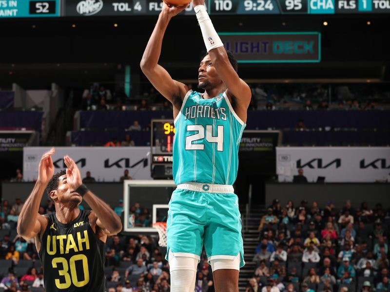 CHARLOTTE, NC - JANUARY 27: Brandon Miller #24 of the Charlotte Hornets shoots the ball during the game against the Utah Jazz on January 27, 2024 at Spectrum Center in Charlotte, North Carolina. NOTE TO USER: User expressly acknowledges and agrees that, by downloading and or using this photograph, User is consenting to the terms and conditions of the Getty Images License Agreement. Mandatory Copyright Notice: Copyright 2024 NBAE (Photo by Kent Smith/NBAE via Getty Images)