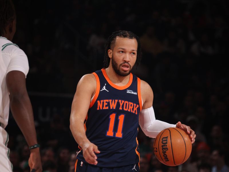 NEW YORK, NY - APRIL 8:  Jalen Brunson #11 of the New York Knicks handles the ball during the game against the Boston Celtics on April 8, 2025 at Madison Square Garden in New York City, New York.  NOTE TO USER: User expressly acknowledges and agrees that, by downloading and or using this photograph, User is consenting to the terms and conditions of the Getty Images License Agreement. Mandatory Copyright Notice: Copyright 2025 NBAE  (Photo by Nathaniel S. Butler/NBAE via Getty Images)
