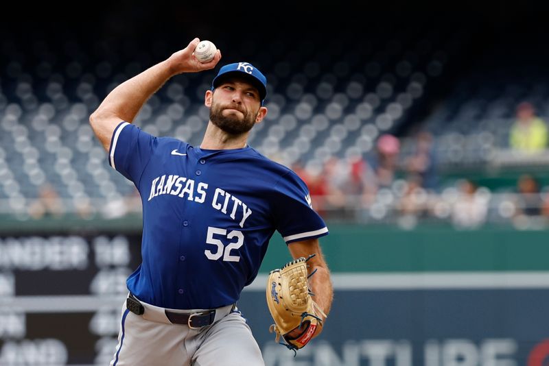 Sep 26, 2024; Washington, District of Columbia, USA;  Kansas City Royals starting pitcher Michael Wacha (52) pitches against the Washington Nationals during the first inning at Nationals Park. Mandatory Credit: Geoff Burke-Imagn Images