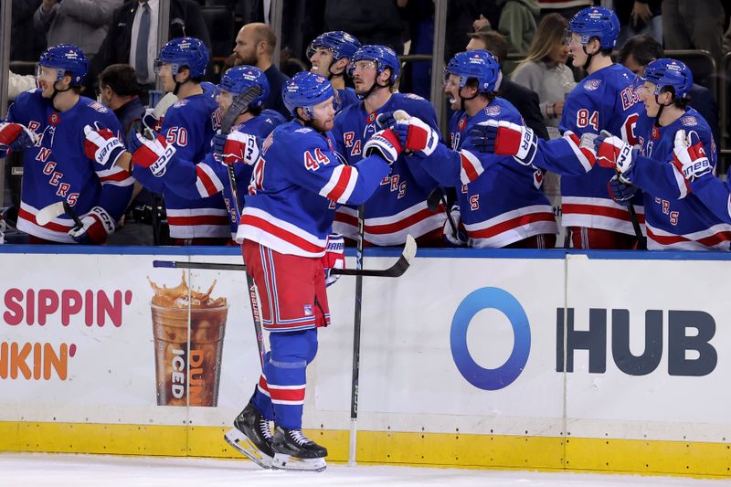 Nov 10, 2025; New York, New York, USA; New York Rangers defenseman Vladislav Gavrikov (44) celebrates his goal against the Nashville Predators with teammates during the first period at Madison Square Garden. Mandatory Credit: Brad Penner-Imagn Images