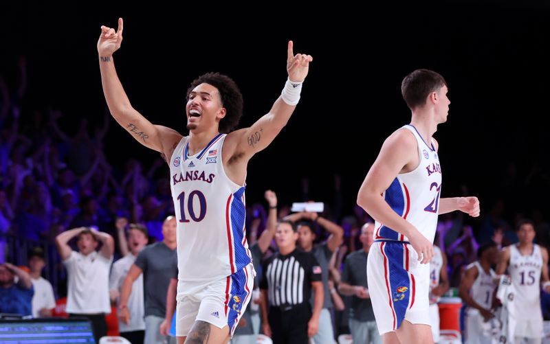 Nov 24, 2022; Paradise Island, BAHAMAS; Kansas Jayhawks forward Jalen Wilson (10) reacts after the win against the Wisconsin Badgers in overtime at Imperial Arena. Mandatory Credit: Kevin Jairaj-USA TODAY Sports