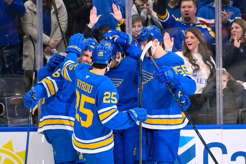 Jan 2, 2026; St. Louis, Missouri, USA; St. Louis Blues center Oskar Sundqvist (70) is congratulated by teammates after scoring against the Vegas Golden Knights during the second period at Enterprise Center. Mandatory Credit: Jeff Curry-Imagn Images