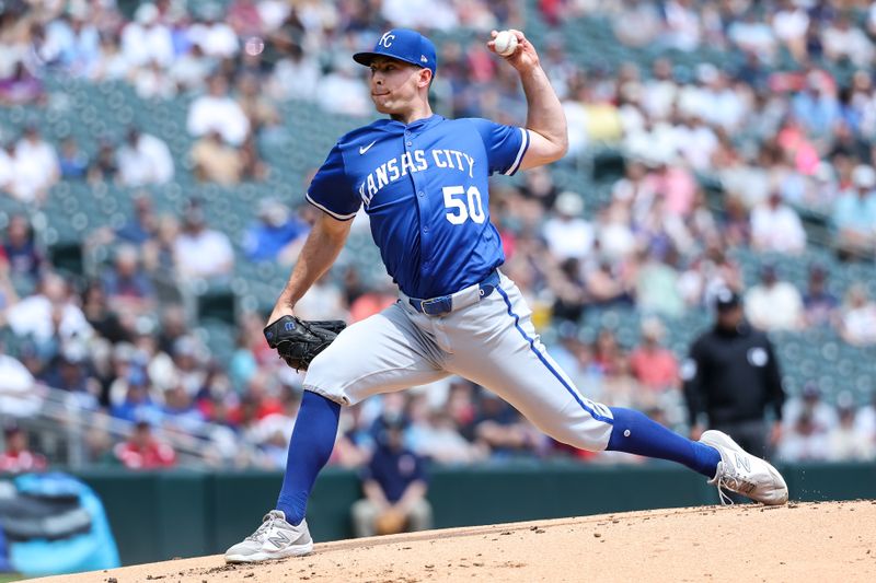 May 25, 2025; Minneapolis, Minnesota, USA; Kansas City Royals starting pitcher Kris Bubic (50) delivers a pitch against the Minnesota Twins during the first inning at Target Field. Mandatory Credit: Matt Krohn-Imagn Images