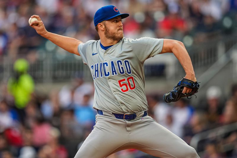 May 14, 2024; Cumberland, Georgia, USA; Chicago Cubs starting pitcher Jameson Taillon (50) pitches against the Atlanta Braves during the second inning at Truist Park. Mandatory Credit: Dale Zanine-USA TODAY Sports