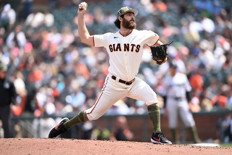 cccMay 21, 2023; San Francisco, California, USA; San Francisco Giants pitcher Ryan Walker (74) throws a pitch against the Miami Marlins during the sixth inning at Oracle Park. Mandatory Credit: Robert Edwards-USA TODAY Sports