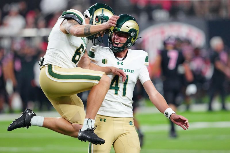 Oct 21, 2023; Paradise, Nevada, USA; Colorado State Rams place kicker Jordan Noyes (67) celebrates with Colorado State Rams punter Paddy Turner (41) after kicking a field goal against the Las Vegas Raiders during the fourth quarter at Allegiant Stadium. Mandatory Credit: Stephen R. Sylvanie-USA TODAY Sports